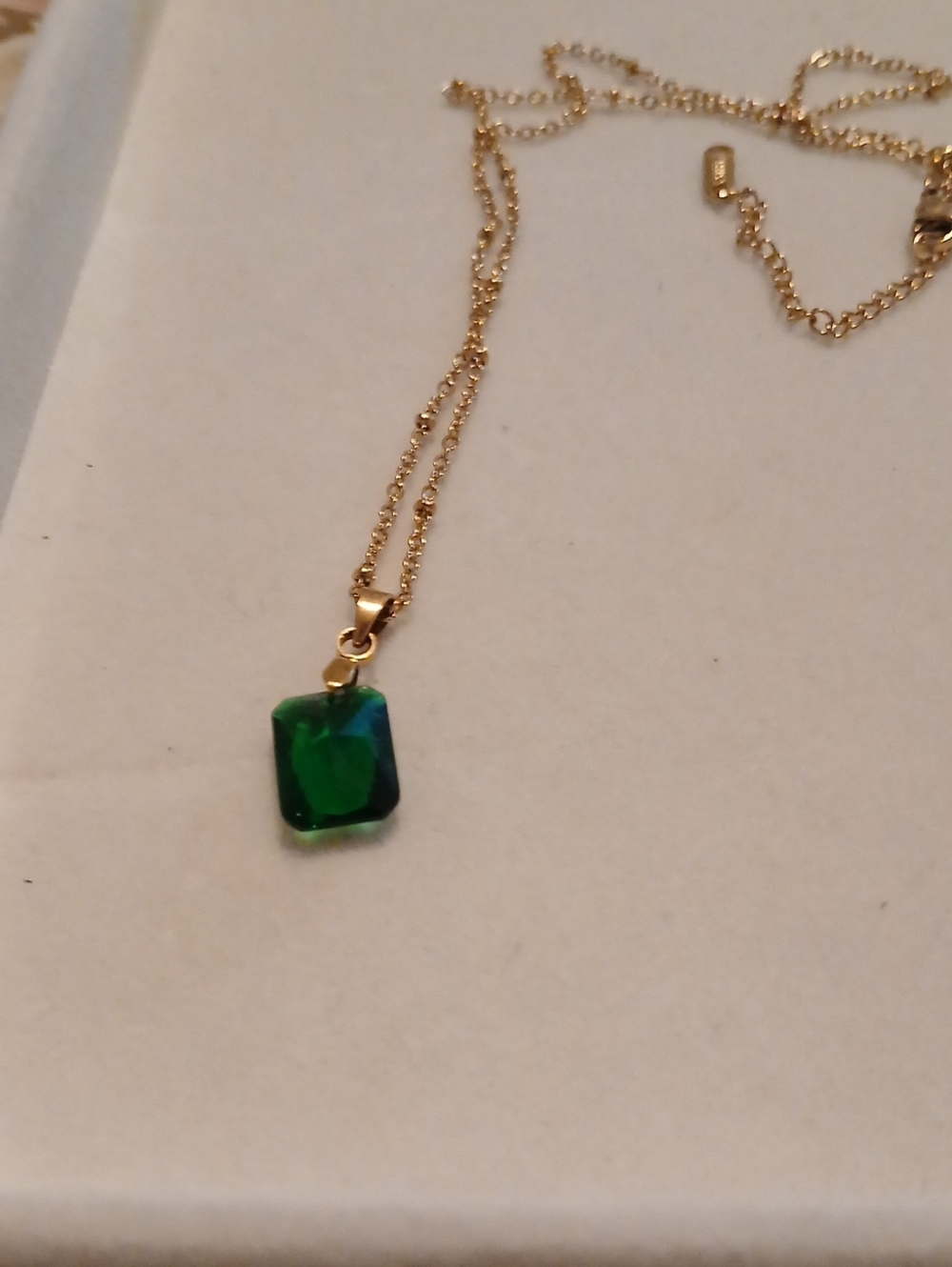 Gold Chain Necklace with Emerald Green Rectangular Pendant